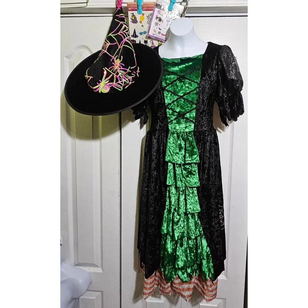 Pretty Witch Costume Girls 14-16 Teen Velvet Dress Spider Hat Halloween Tattoos